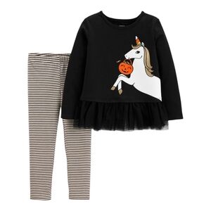 Black Unicorn Top and Striped Leggings Set